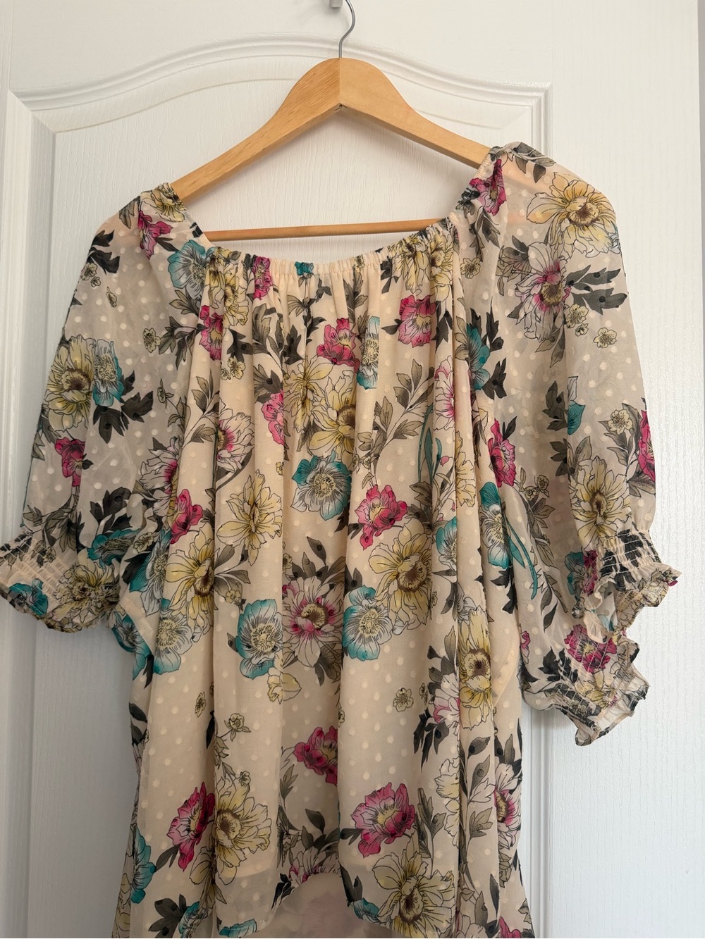 torrid Cream Floral Off-Shoulder Blouse with Teal Pink Yellow Accents
